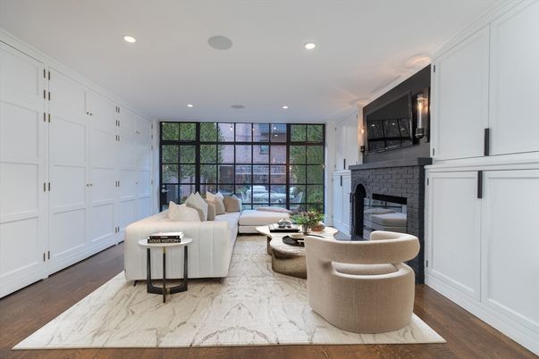 Fireplace, Interior, Living room, Marble, Recessed Lighting, Wood Texture Flooring