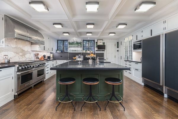 Interior, Kitchen, Marble Walls, Recessed Lighting, Stainless Steel Appliances, Wood Texture Flooring