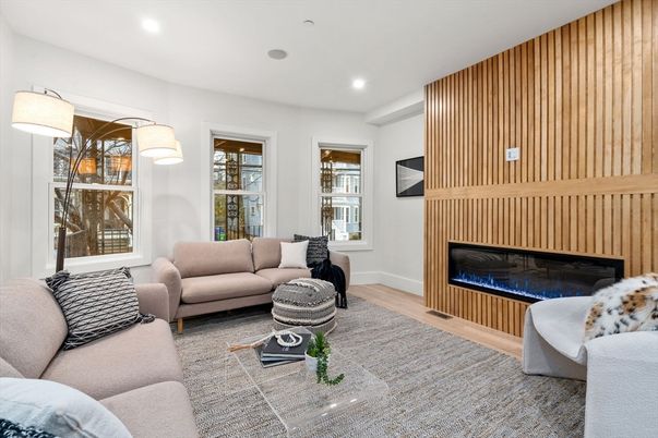 Fireplace, Interior, Living room, Recessed Lighting, Wood Texture Flooring