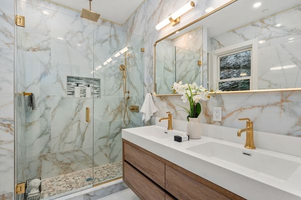 Bathroom, Dual Sink Vanities, Glass Shower, Interior, Marble Walls, Recessed Lighting
