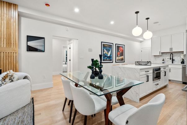Dining room, Interior, Kitchen, Pendant Lights, Recessed Lighting, Stainless Steel Appliances, Wood Texture Flooring