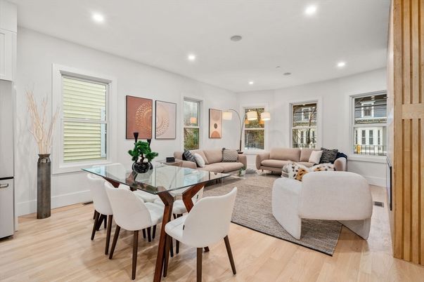 Dining room, Interior, Living room, Recessed Lighting, Wood Texture Flooring