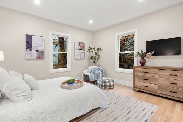 Bedroom, Interior, Recessed Lighting, Wood Texture Flooring