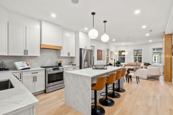 Interior, Kitchen, Living room, Pendant Lights, Recessed Lighting, Stainless Steel Appliances, Wood Texture Flooring