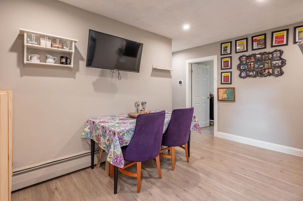 Dining room, Interior, Recessed Lighting, Wood Texture Flooring