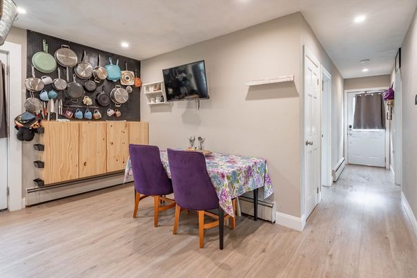 Dining room, Interior, Recessed Lighting, Wood Texture Flooring