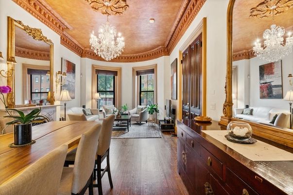 Chandelier, Dining room, Fireplace, Interior, Living room, Recessed Lighting, Wood Texture Flooring