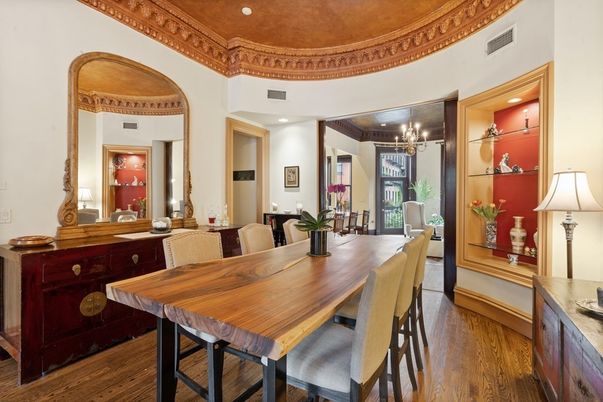 Chandelier, Dining room, Interior, Recessed Lighting, Wood Texture Flooring