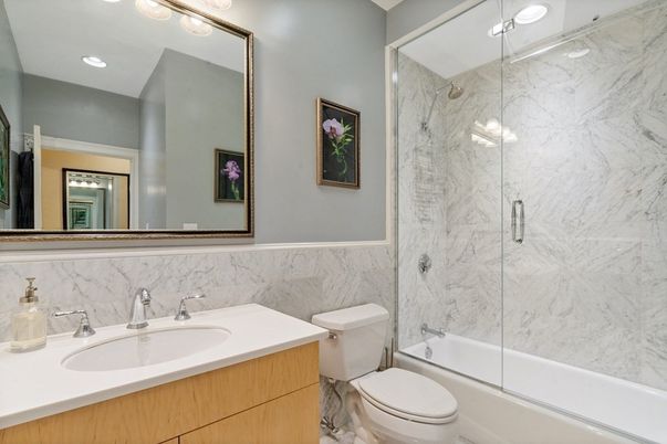 Bathroom, Glass Shower, Interior, Marble Walls, Recessed Lighting