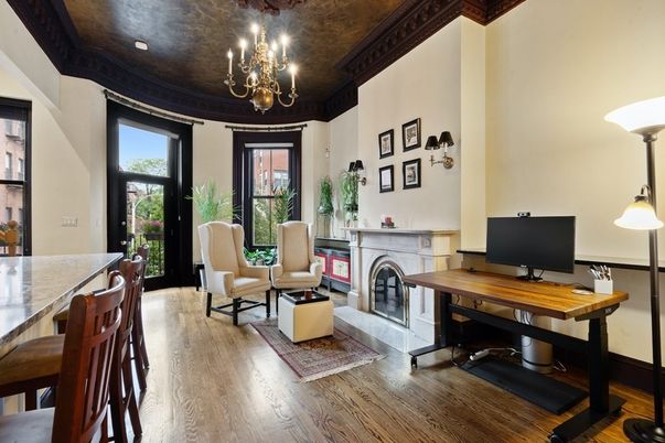Chandelier, Fireplace, Home Office, Interior, Living room, Recessed Lighting, Wood Texture Flooring
