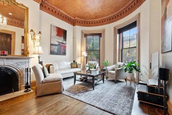 Chandelier, Fireplace, Interior, Living room, Recessed Lighting, Wood Texture Flooring