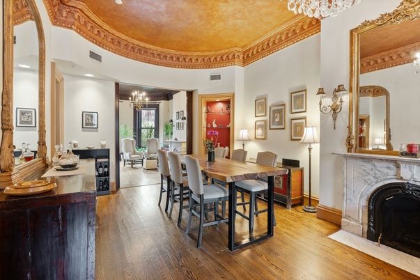 Chandelier, Dining room, Fireplace, Interior, Recessed Lighting, Wood Texture Flooring
