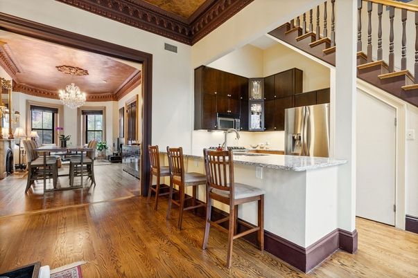 Chandelier, Dining room, Interior, Kitchen, Stainless Steel Appliances, Wood Texture Flooring