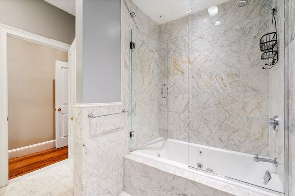 Bathroom, Glass Shower, Interior, Marble, Marble Walls, Wood Texture Flooring