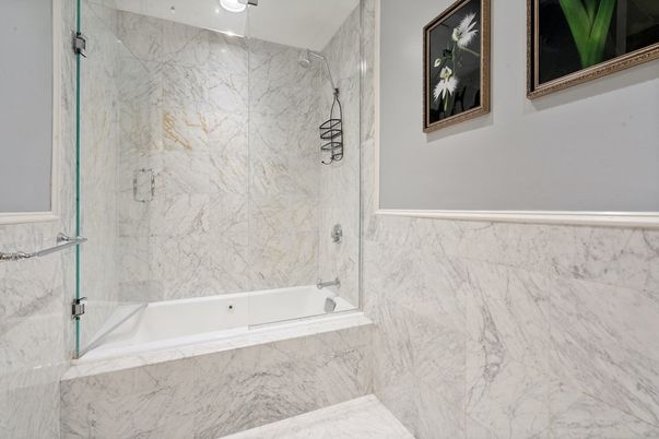 Bathroom, Glass Shower, Interior, Marble Walls, Recessed Lighting