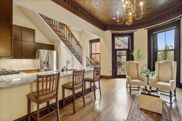Chandelier, Interior, Kitchen, Living room, Stainless Steel Appliances, Wood Texture Flooring