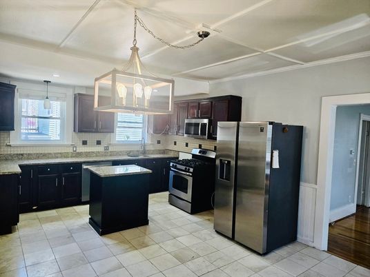 Interior, Kitchen, Pendant Lights, Stainless Steel Appliances, Wood Texture Flooring