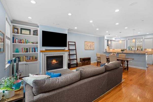 Dining room, Fireplace, Interior, Kitchen, Living room, Pendant Lights, Recessed Lighting, Wood Texture Flooring