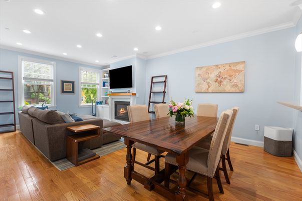 Dining room, Fireplace, Interior, Living room, Recessed Lighting, Wood Texture Flooring