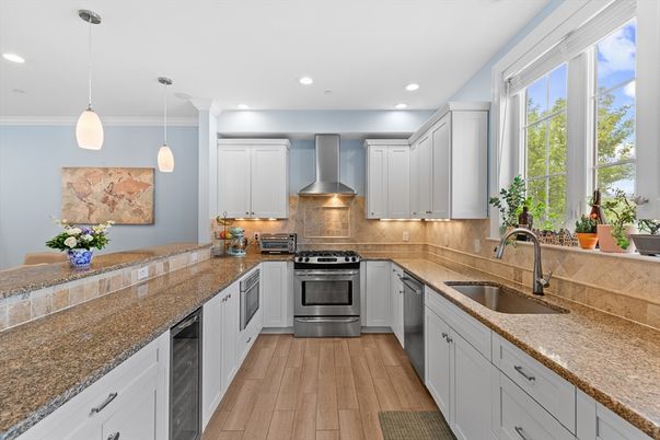Interior, Kitchen, Pendant Lights, Recessed Lighting, Stainless Steel Appliances, Wood Texture Flooring