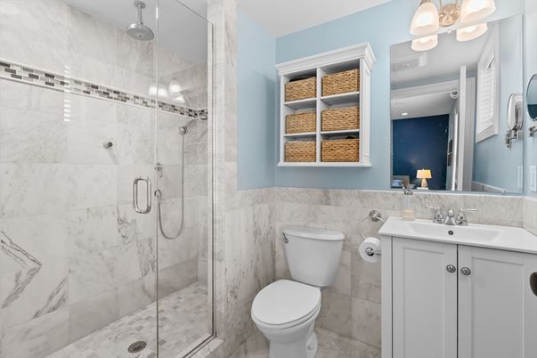 Bathroom, Glass Shower, Interior, Marble Walls, Recessed Lighting