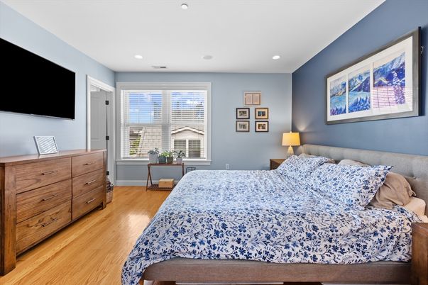 Bedroom, Interior, Recessed Lighting, Wood Texture Flooring