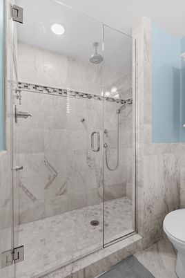 Bathroom, Glass Shower, Interior, Marble Walls, Recessed Lighting