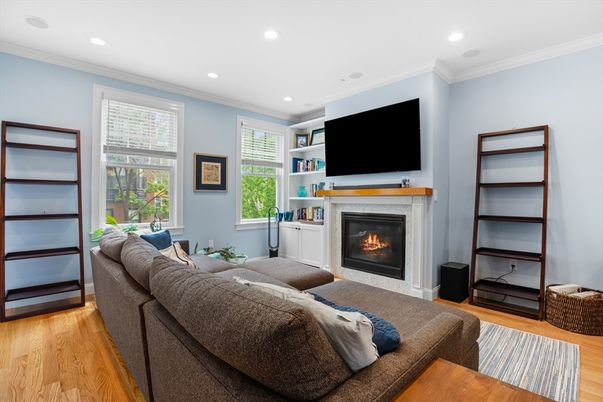Fireplace, Interior, Living room, Recessed Lighting, Wood Texture Flooring