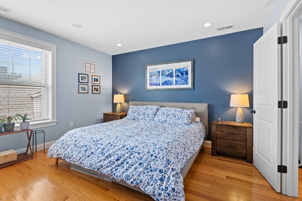 Bedroom, Interior, Recessed Lighting, Wood Texture Flooring