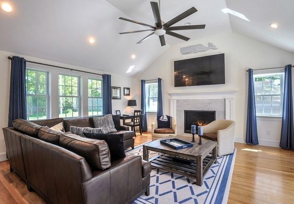 Fireplace, Interior, Living room, Recessed Lighting, Wood Texture Flooring