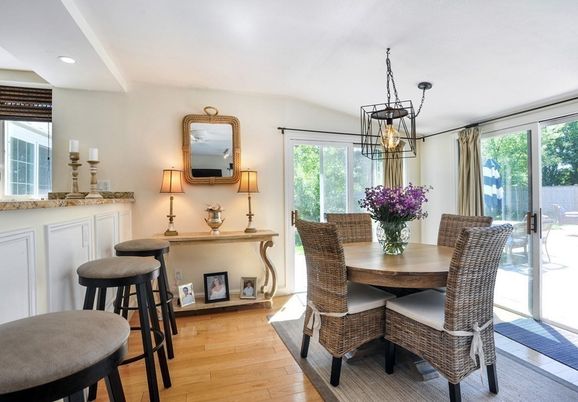 Dining room, Interior, Pendant Lights, Recessed Lighting, Wood Texture Flooring
