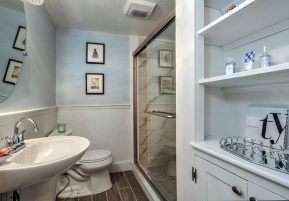 Bathroom, Glass Shower, Interior, Marble Walls, Wood Texture Flooring