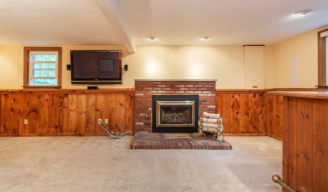 Empty room, Fireplace, Interior, Recessed Lighting, Wooden Walls