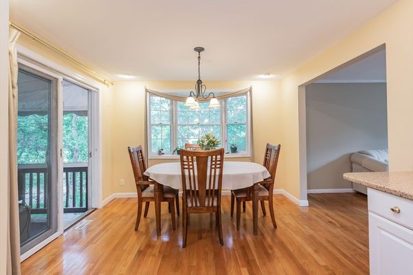 Dining room, Interior, Pendant Lights, Wood Texture Flooring