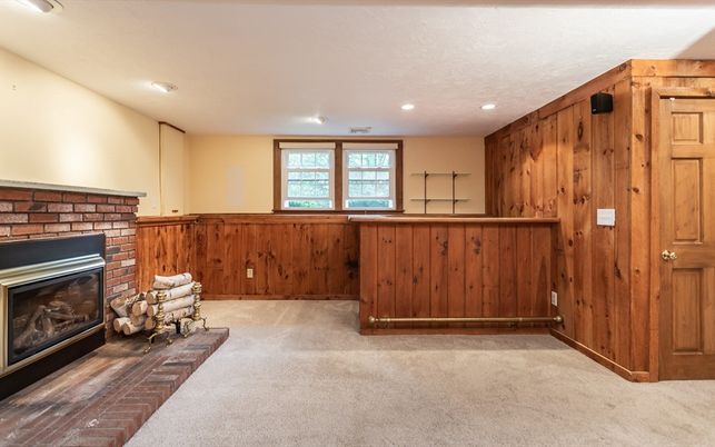 Empty room, Fireplace, Interior, Recessed Lighting, Wooden Walls
