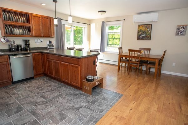 Dining room, Interior, Kitchen, Pendant Lights, Recessed Lighting, Wood Texture Flooring