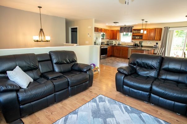 Interior, Kitchen, Living room, Pendant Lights, Wood Texture Flooring