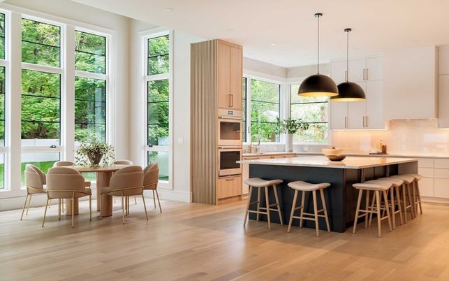 Dining room, Interior, Kitchen, Pendant Lights, Recessed Lighting, Stainless Steel Appliances, Wood Texture Flooring