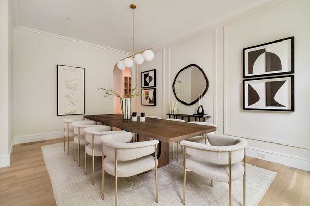 Dining room, Interior, Pendant Lights, Wood Texture Flooring