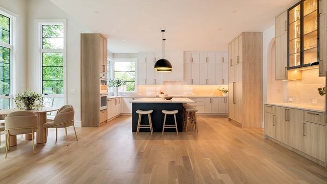 Dining room, Interior, Kitchen, Pendant Lights, Recessed Lighting, Wood Texture Flooring