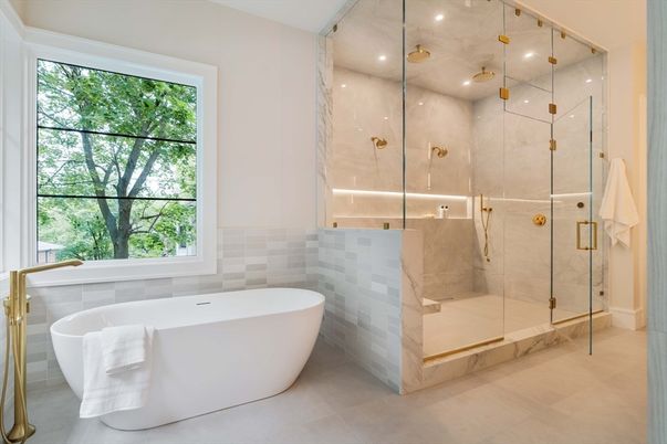 Bathroom, Free Standing Baths, Glass Shower, Interior, Marble Walls, Recessed Lighting