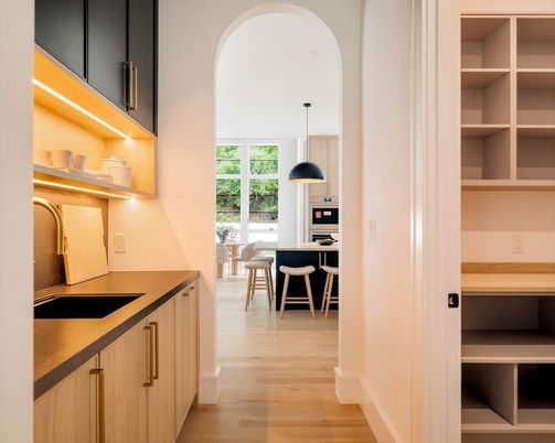 Dining room, Interior, Kitchen, Pendant Lights, Wood Texture Flooring
