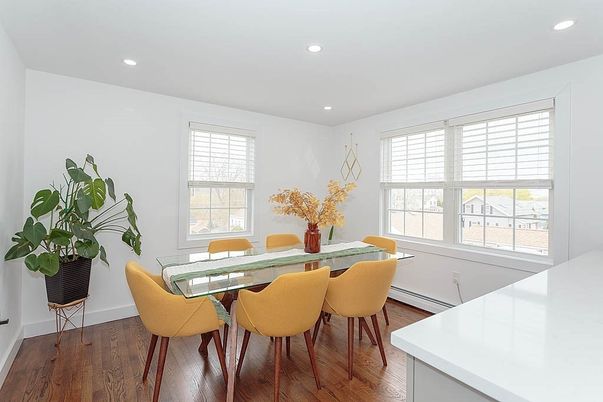 Dining room, Interior, Recessed Lighting, Wood Texture Flooring