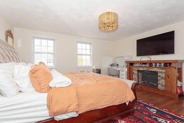 Bedroom, Fireplace, Interior, Wood Texture Flooring