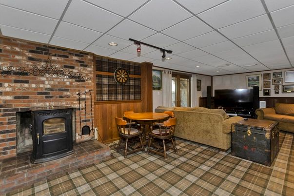 Dining room, Fireplace, Interior, Living room, Recessed Lighting, Stone Walls