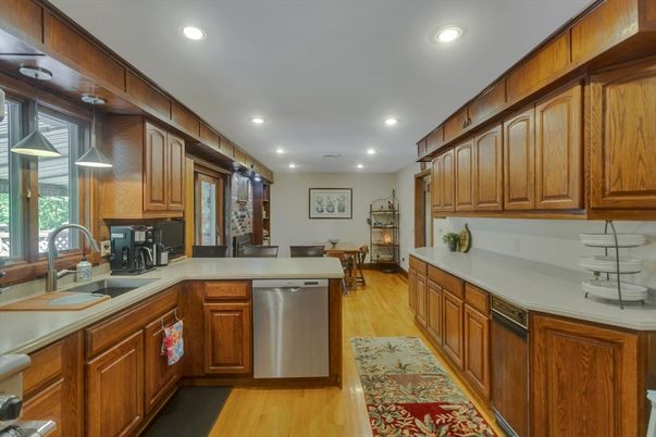 Interior, Kitchen, Pendant Lights, Recessed Lighting, Stainless Steel Appliances, Wood Texture Flooring