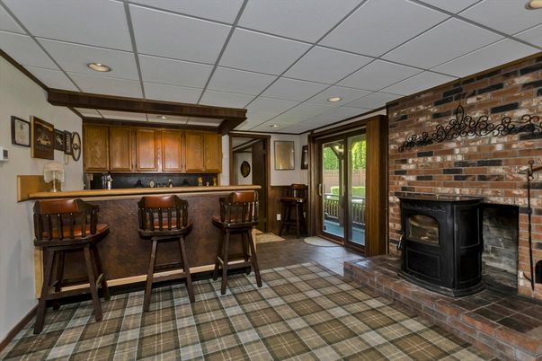 Fireplace, Interior, Recessed Lighting, Stone Walls