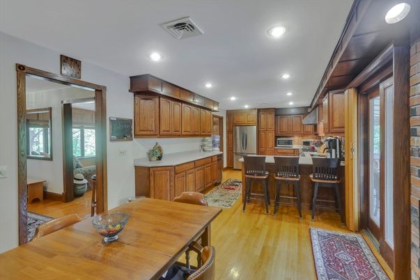 Dining room, Interior, Kitchen, Recessed Lighting, Wood Texture Flooring