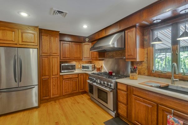 Interior, Kitchen, Recessed Lighting, Stainless Steel Appliances, Wood Texture Flooring