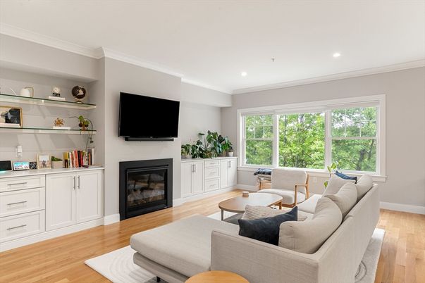 Fireplace, Interior, Living room, Recessed Lighting, Wood Texture Flooring